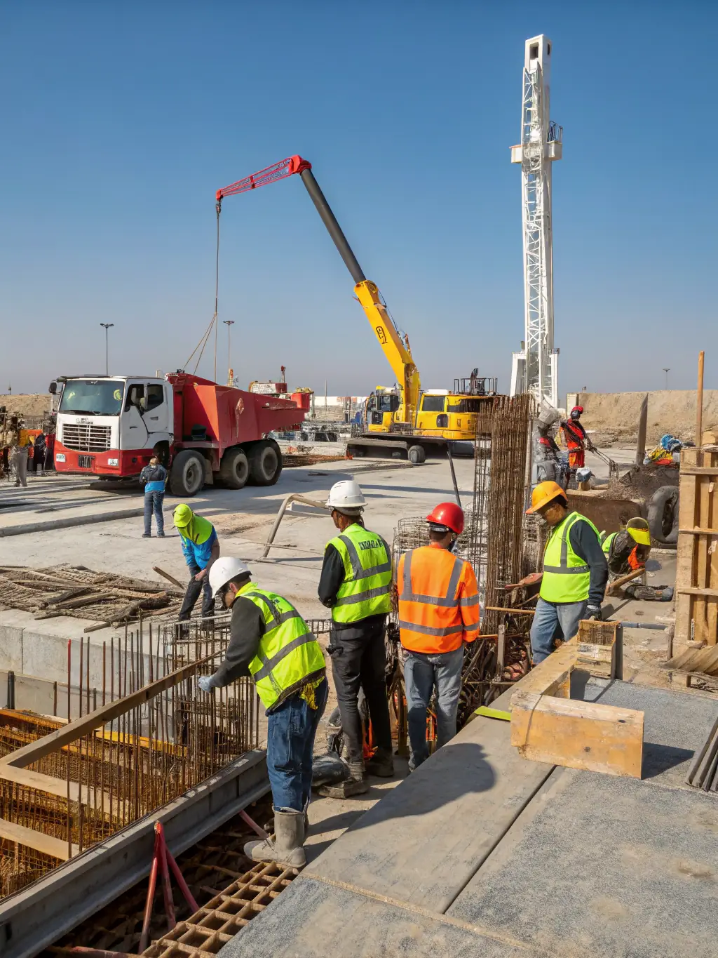 A construction site with workers and heavy machinery in action, illustrating SKF Global Holding's Construction Services.
